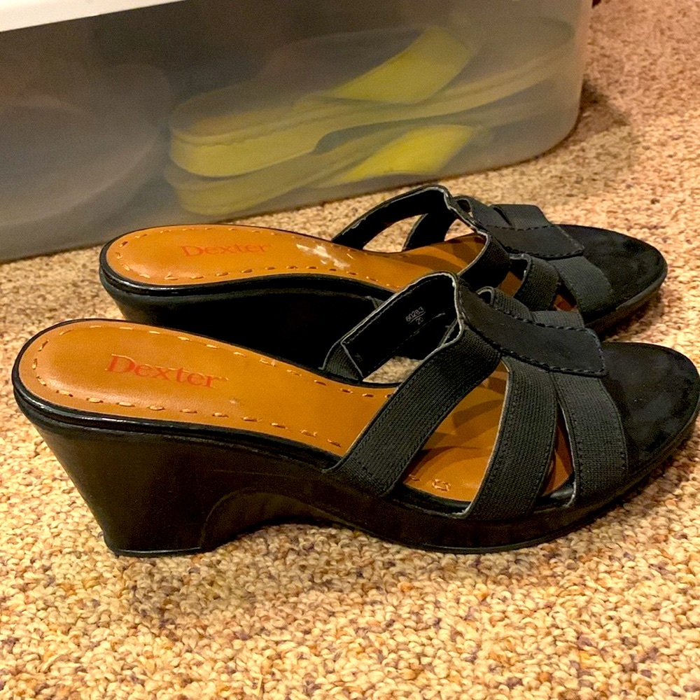 Dexter size 8 wedge slide black leather high heel 3” sandals shoes platform GUC